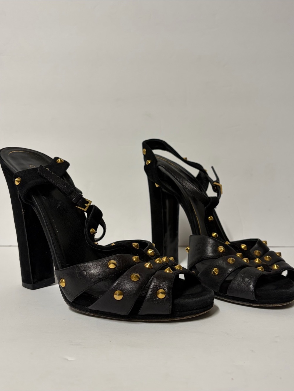 Gucci Black Leather Studded Block Heel Ankle T‑Strap Sandals - Picture 3 of 8